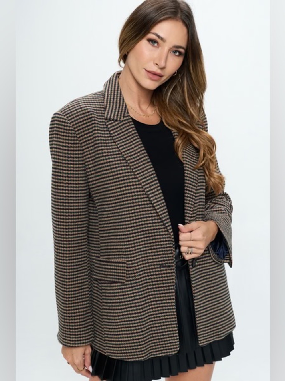 & Merci Tweed Blazer Jacket Brown Navy Houndstooth Lined Women’s Size Large